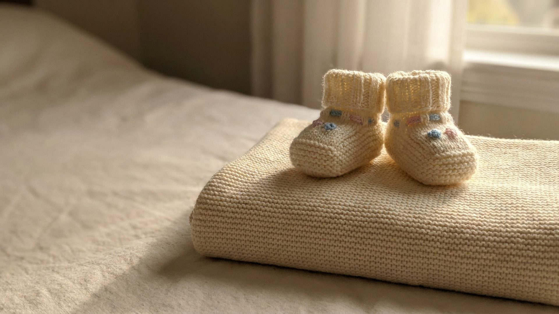 A pair of knitted baby booties on a folded blanket by the window