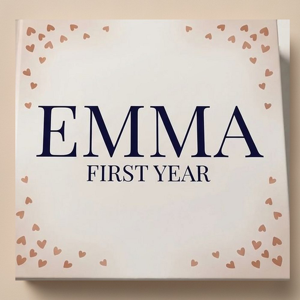 A printed PYM baby book of a first year, named Emma, on a studio table