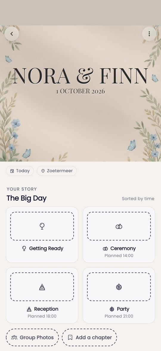The app: the wedding album with its chapters, ready for the day