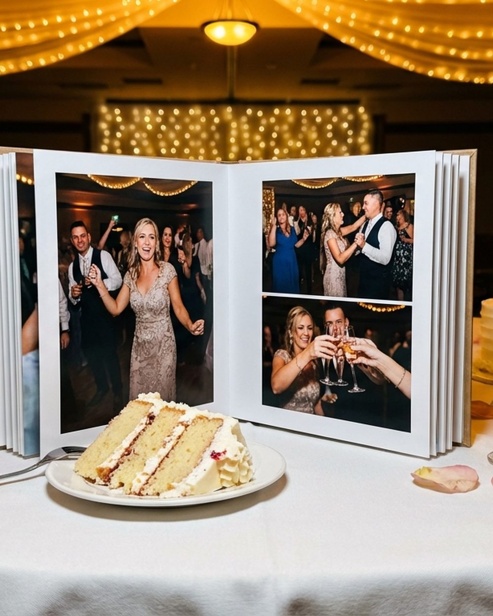 An open wedding book on the cake table at the reception