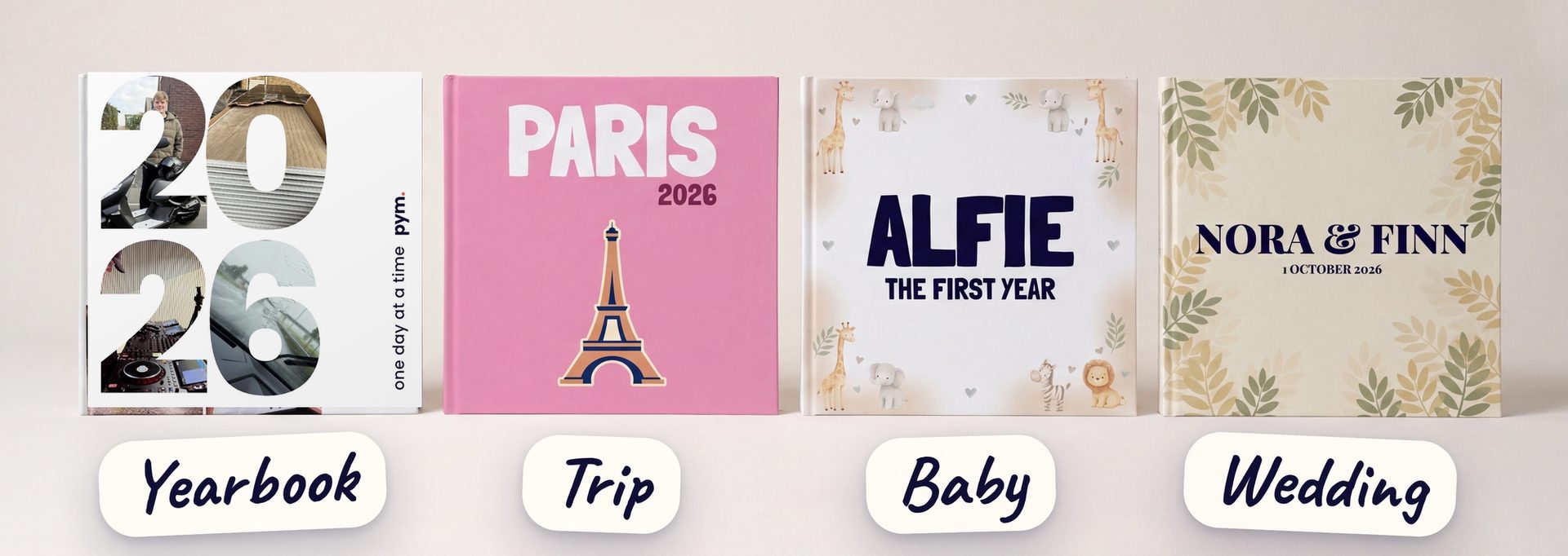 Four printed PYM books in a row: a 2026 yearbook, a Paris travel book, a baby book for Alfie and a wedding book for Nora and Finn