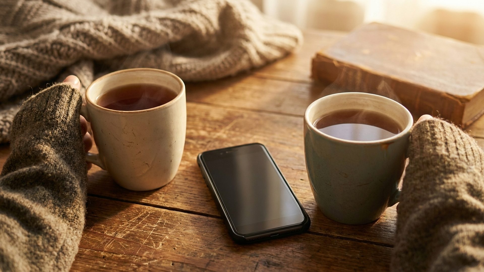 Two mugs of tea on a wooden table, a phone face down between them