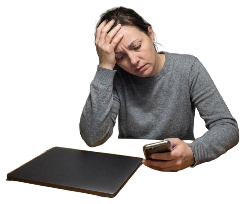 Someone at the kitchen table late at night, phone in one hand, head in the other, laptop closed: the photo book still not made