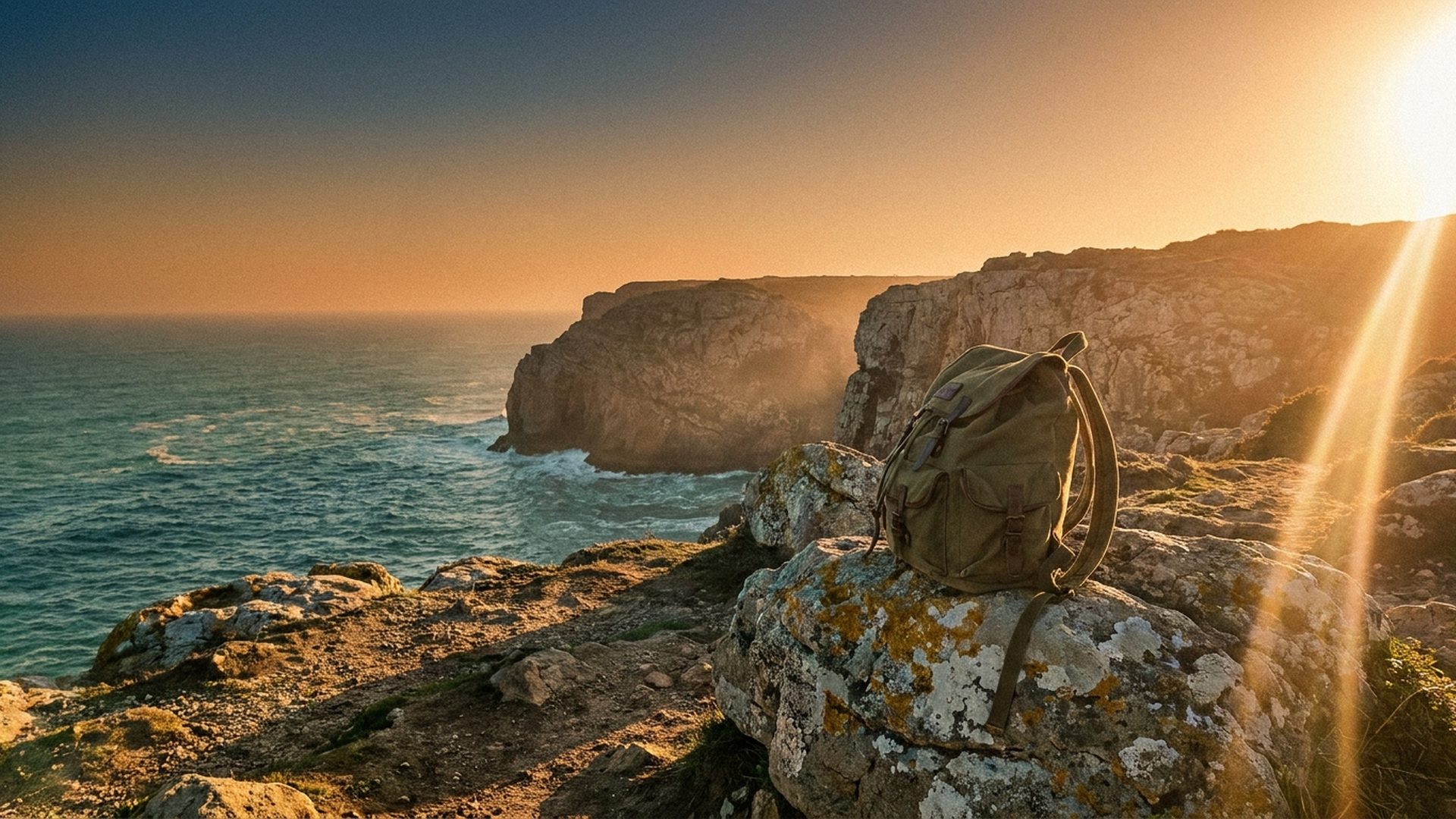 A backpack on a cliff above the sea at golden hour