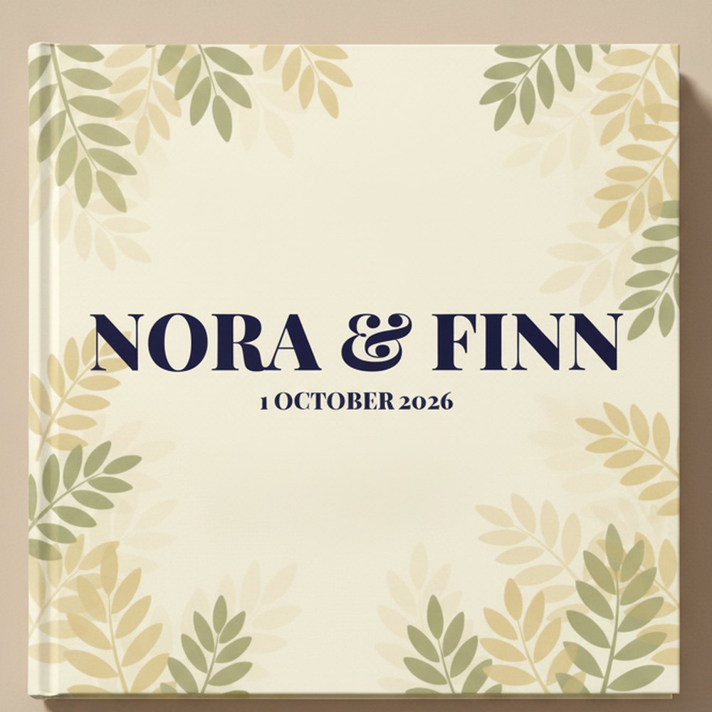 A printed PYM wedding book for Nora and Finn with a leaf cover